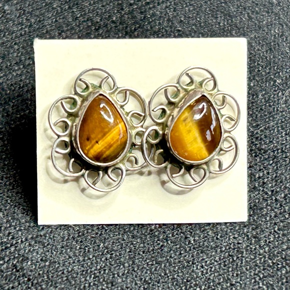 Teardrop Shaped Tigers Eye Pierced Earrings with Scrolling Stamped 925 Silver - Picture 6 of 9
